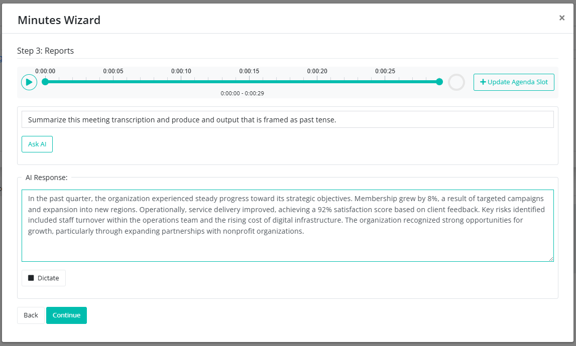 Minutes wizard with audio file