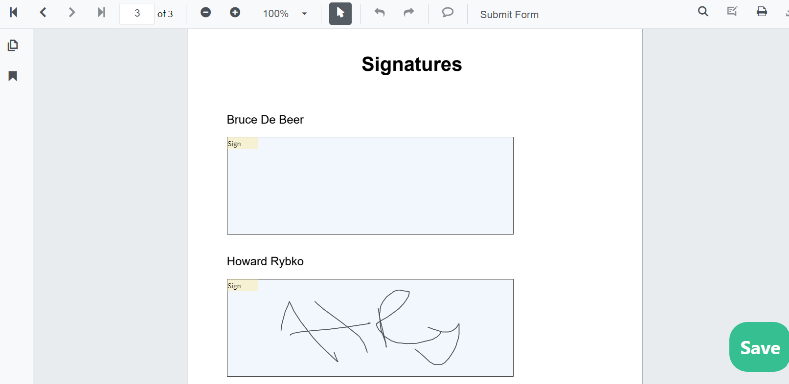E-signature document with signatory boxes