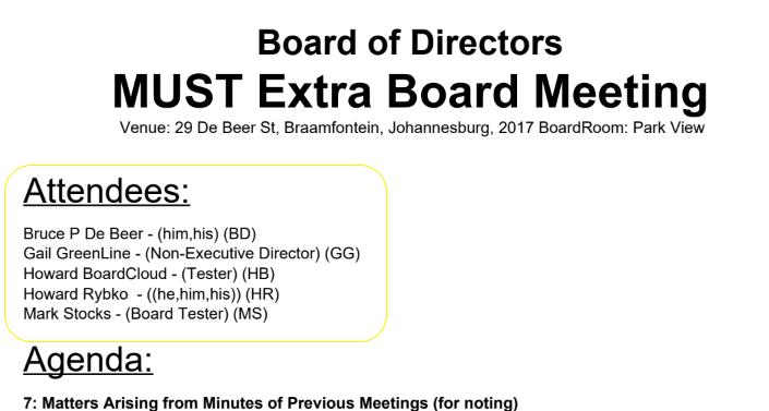 Board pack index attendees listing